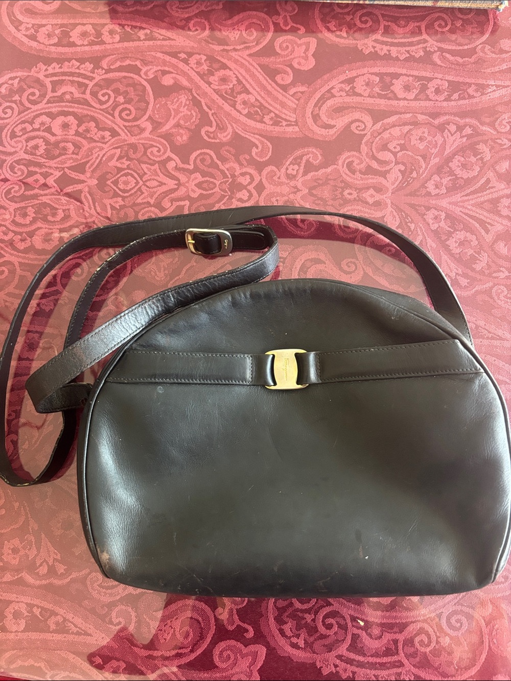 Dark Navy Salvatore Ferragamo Leather Shoulder Bag with Gold-Tone Accent